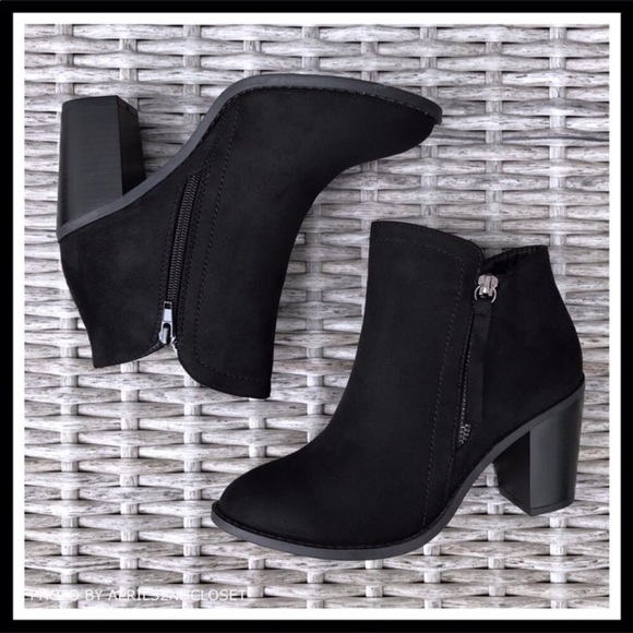 BLACK ANKLE BOOTIES BLOCK HEEL MOTO BOOTS - Picture 5 of 8